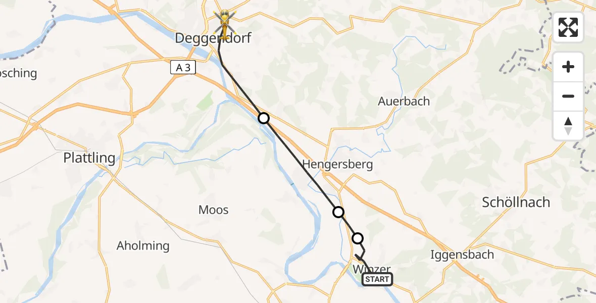 Flugroute Rettungshubschrauber Winzer - Deggendorf, 19 Mai 2026, 16:54