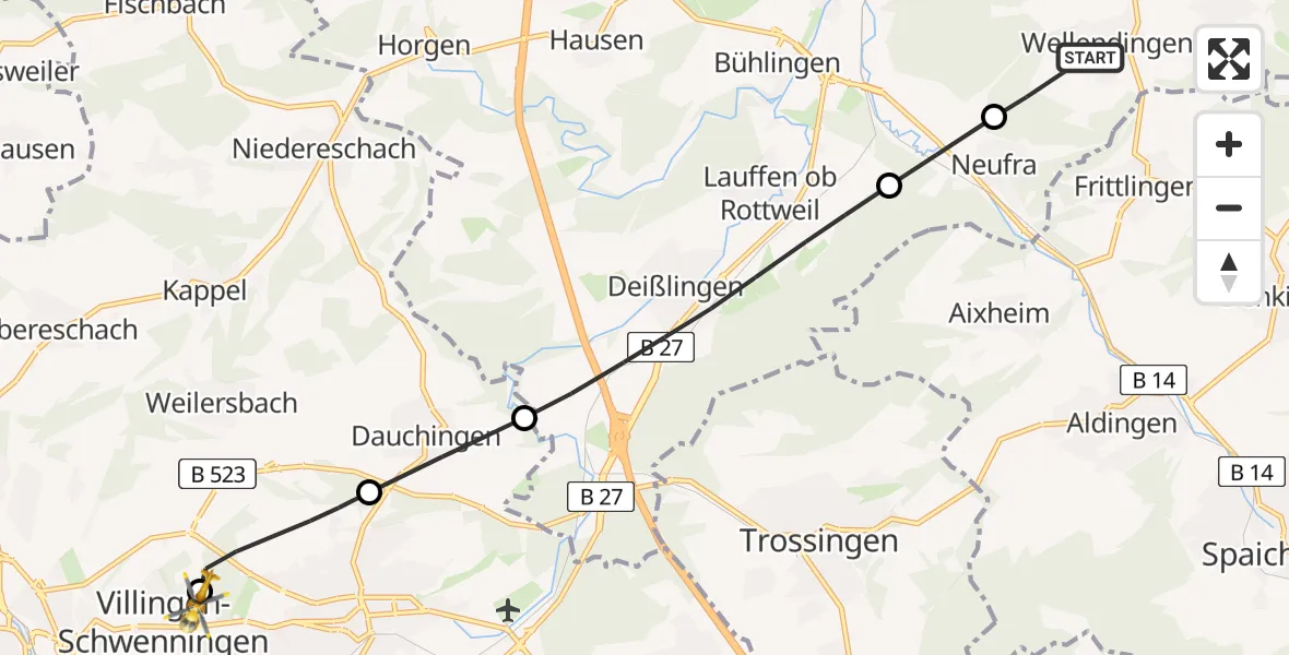 Flugroute Rettungshubschrauber Wellendingen - DRF Air Rescue Station Villingen-Schwenningen Hubschrauberlandeplatz (Christoph 11), 19 Mai 2026, 16:55