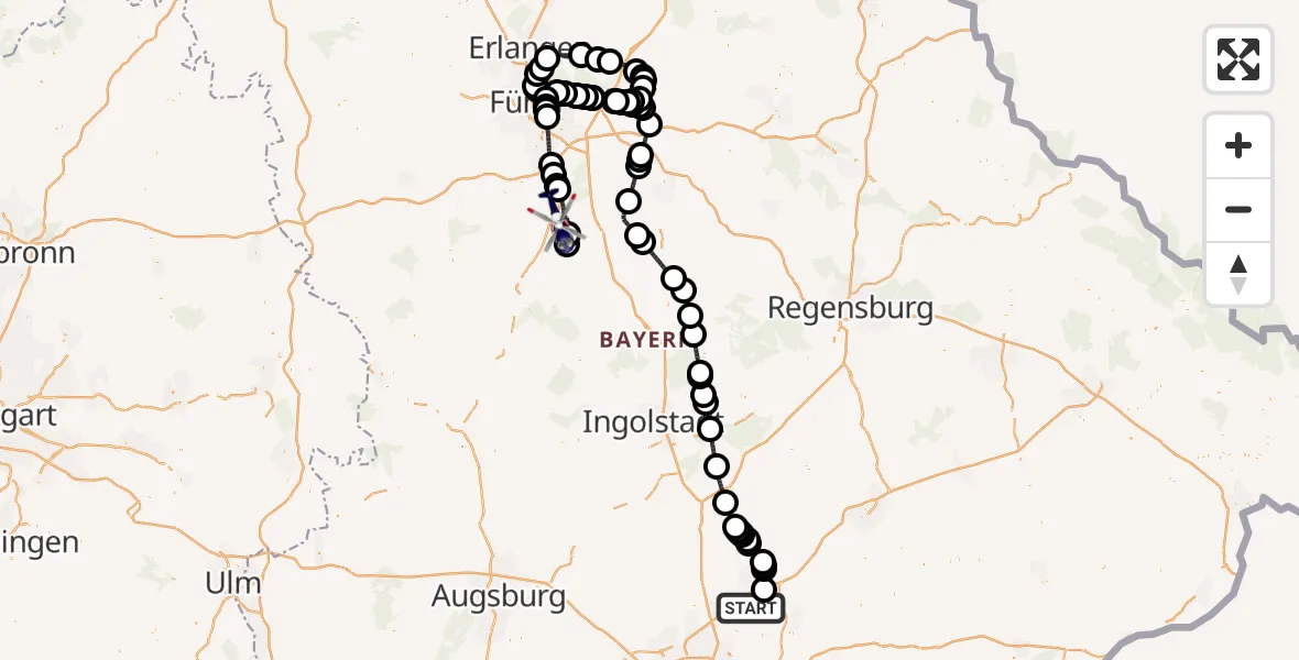 Flugroute Polizeihubschrauber München Flughafen - Flugplatz Roth, 19 Mai 2026, 16:55