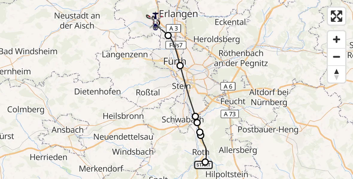 Flugroute Polizeihubschrauber Flugplatz Roth - Herzogenaurach, 19 Mai 2026, 16:55