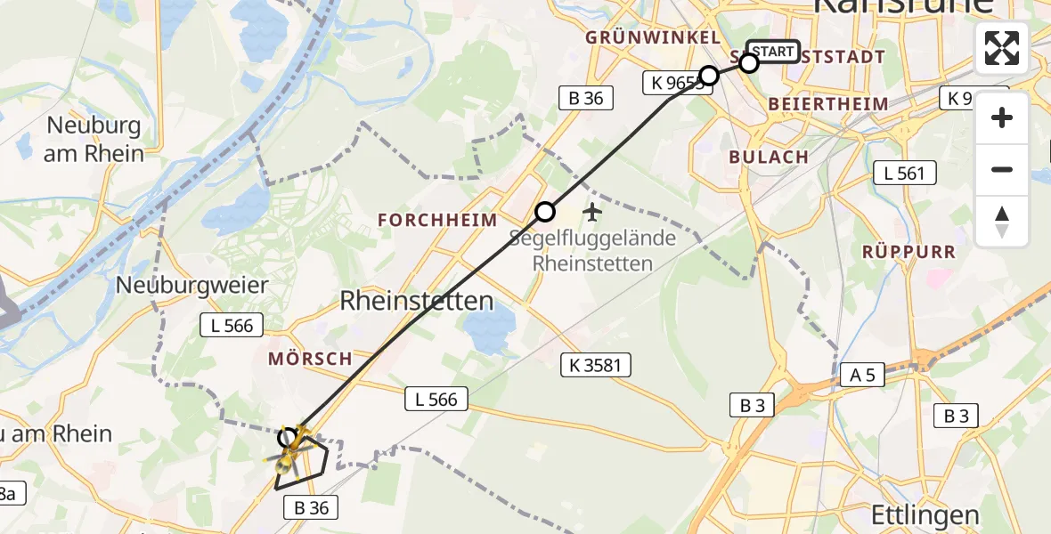 Flugroute Rettungshubschrauber Sankt Vincentius Hospital - Durmersheim, 19 Mai 2026, 17:00