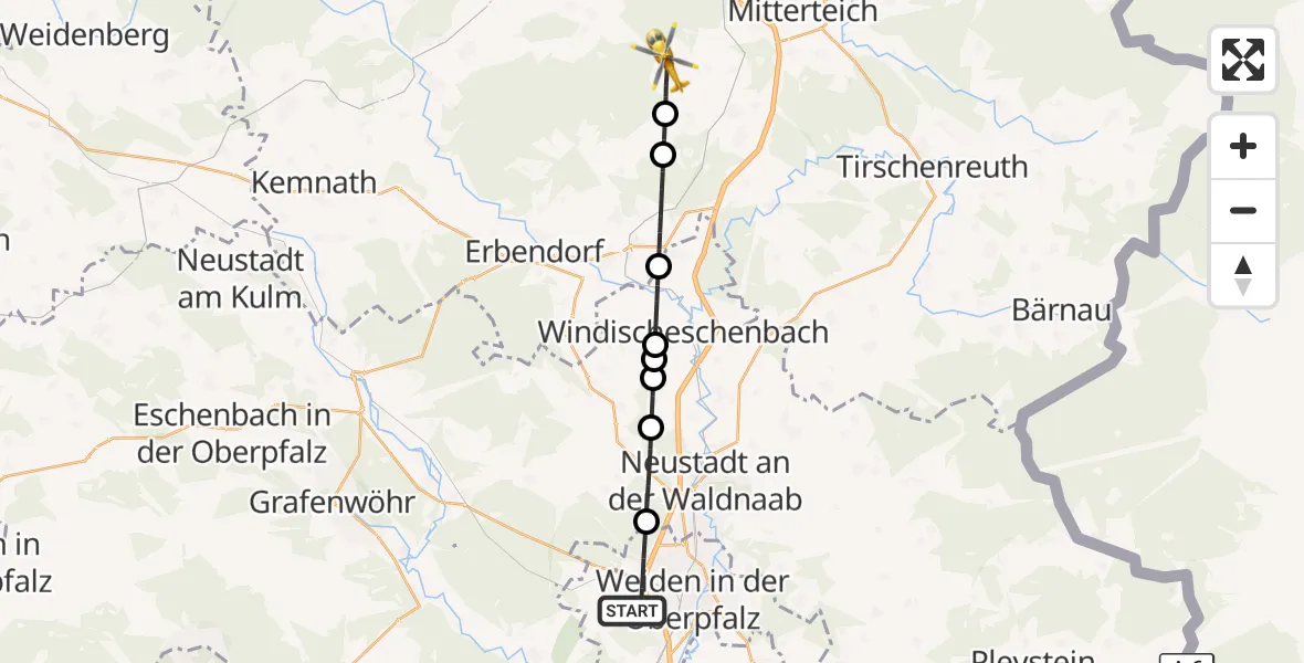 Flugroute Rettungshubschrauber Weiden i.d.OPf. - Fuchsmühl, 19 Mai 2026, 17:12