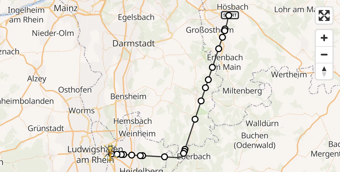 Flugroute Rettungshubschrauber Aschaffenburg Hospital - Mannheim-City Flughafen, 19 Mai 2026, 17:22