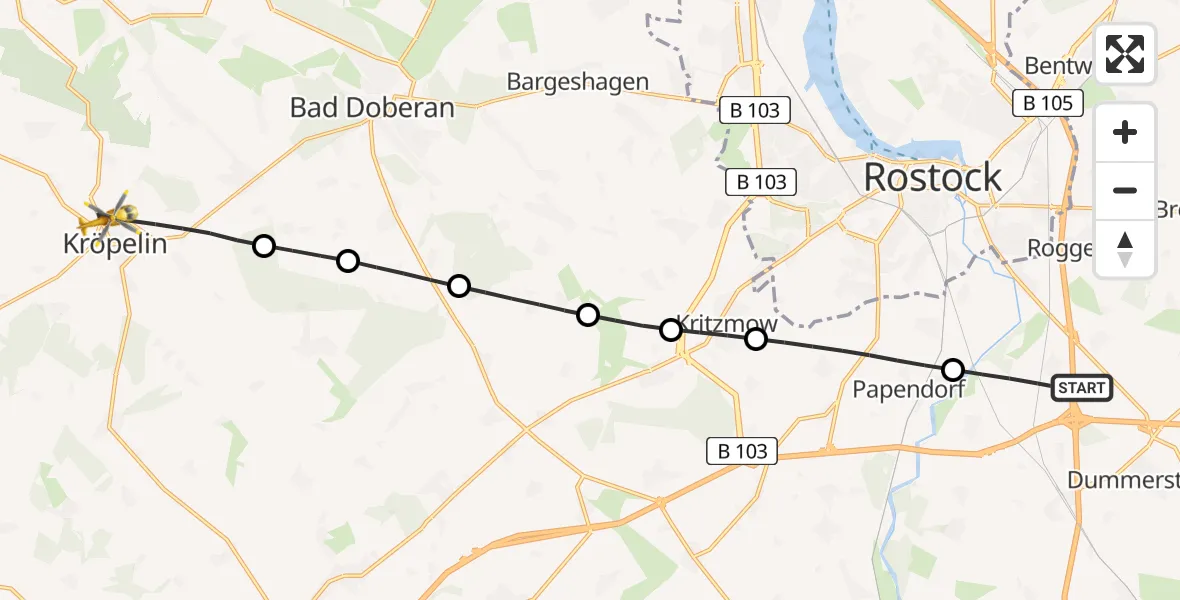 Flugroute Ambulanzhubschrauber Dummerstorf - Kröpelin, 19 Mai 2026, 17:26