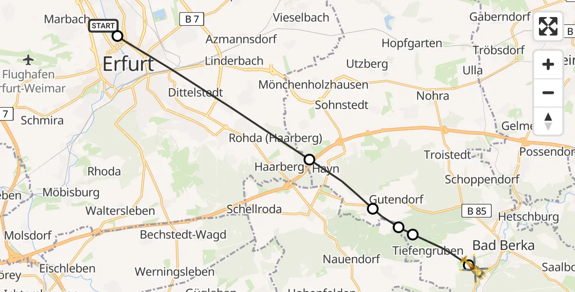 Flugroute Ambulanzhubschrauber Helios Clinic Erfurt - DRF Rettungsstation Bad Berka Hubschrauberlandeplatz, 19 Mai 2026, 17:30