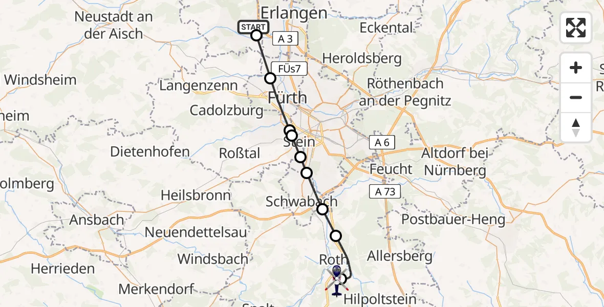 Flugroute Polizeihubschrauber Herzogenaurach - Flugplatz Roth, 19 Mai 2026, 17:31