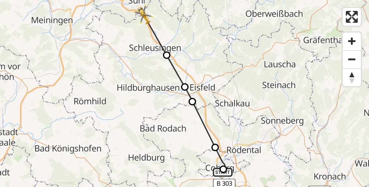 Flugroute Rettungshubschrauber Regiomed Hospital Coburg - Schleusingen, 19 Mai 2026, 17:36