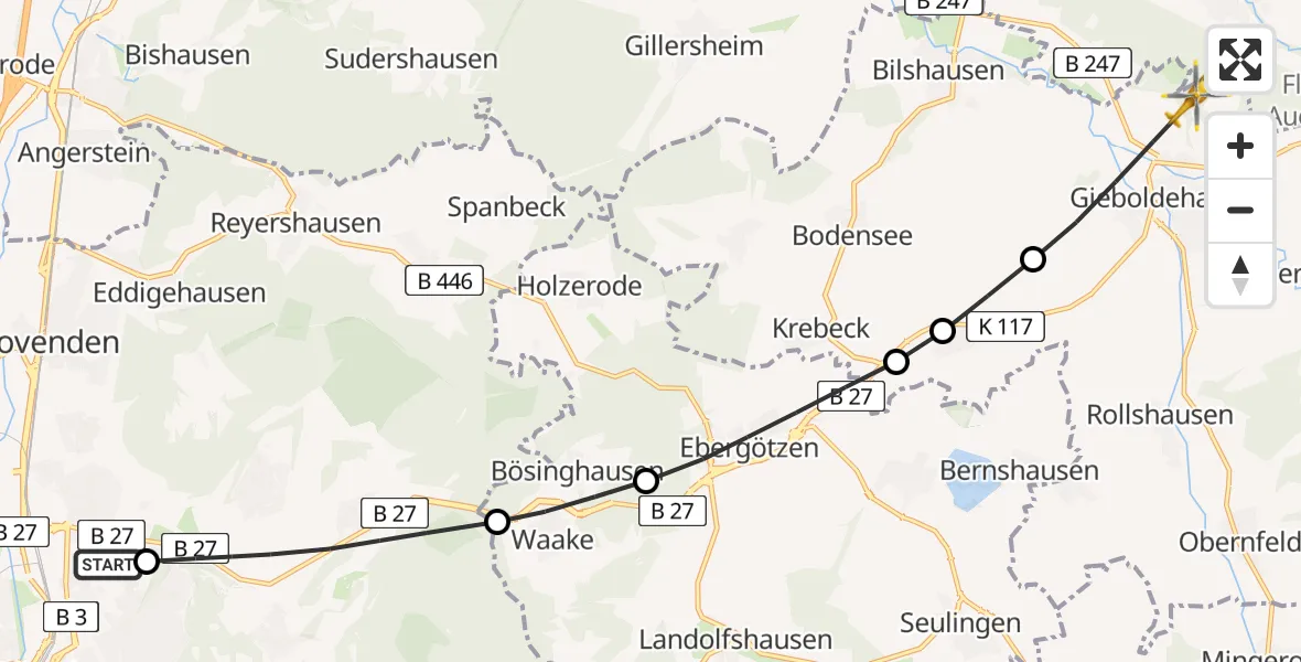 Flugroute Rettungshubschrauber Göttingen University Clinic Hubschrauberlandeplatz - Gieboldehausen, 19 Mai 2026, 17:37