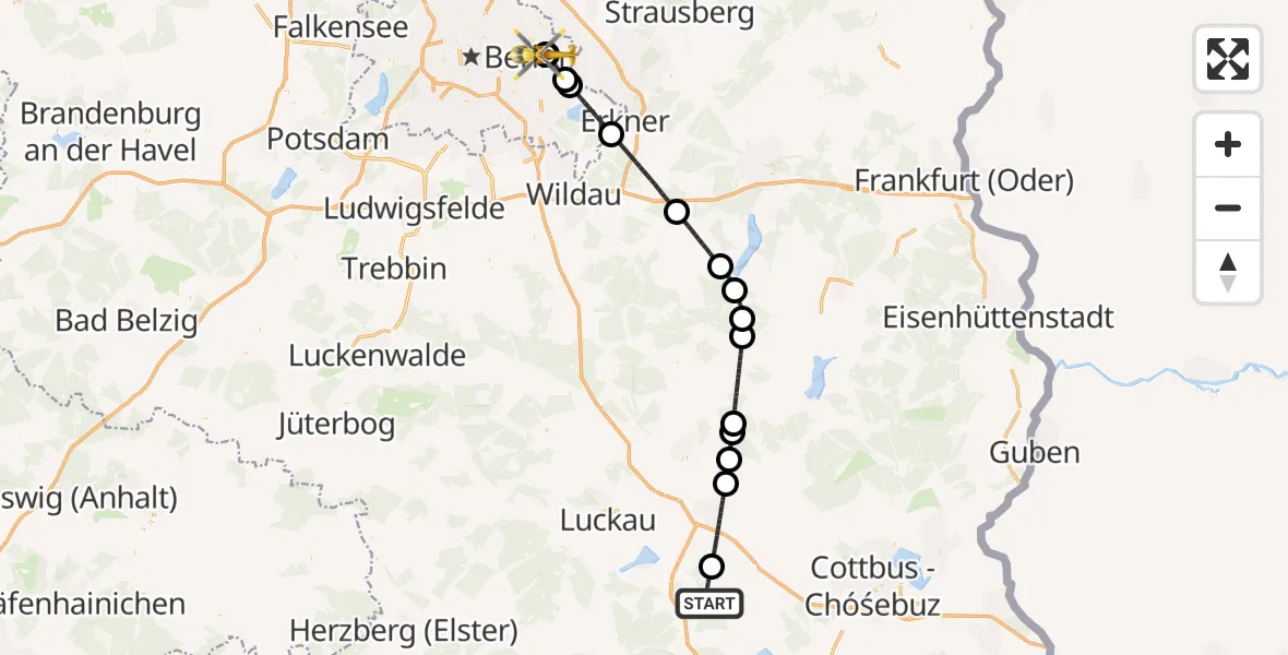 Flugroute Rettungshubschrauber Calau - Berlin Emergency Hospital, 19 Mai 2026, 17:45