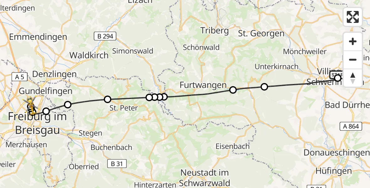 Flugroute Rettungshubschrauber DRF Air Rescue Station Villingen-Schwenningen Hubschrauberlandeplatz (Christoph 11) - Freiburg im Breisgau Flugplatz, 19 Mai 2026, 17:49