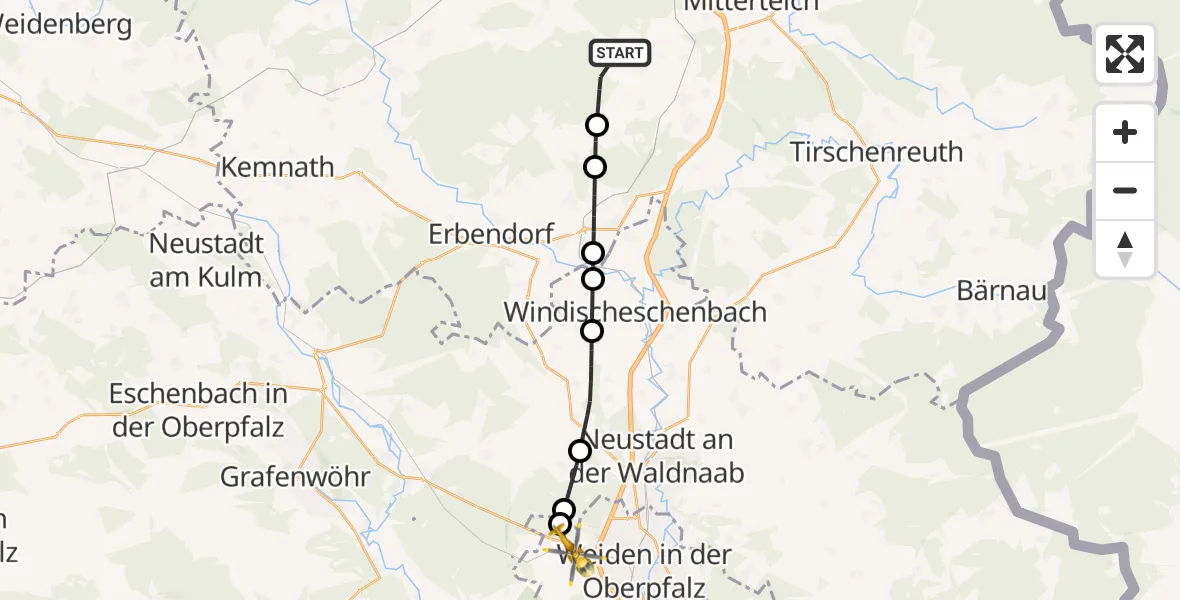 Flugroute Rettungshubschrauber Fuchsmühl - Weiden i.d.OPf., 19 Mai 2026, 17:54