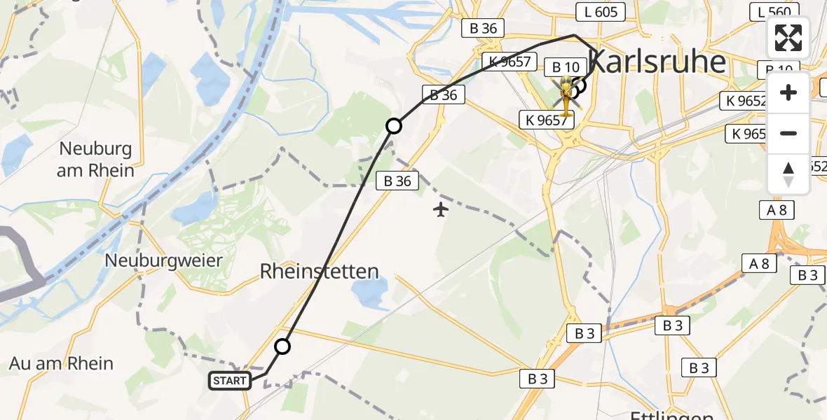 Flugroute Rettungshubschrauber Durmersheim - Sankt Vincentius Hospital, 19 Mai 2026, 17:56
