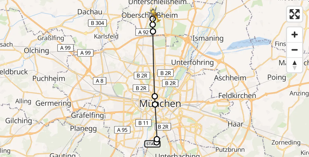 Flugroute Rettungshubschrauber ADAC Air Rescue Center Hubschrauberlandeplatz (Christoph 1) - Oberschleißheim, 19 Mai 2026, 17:57