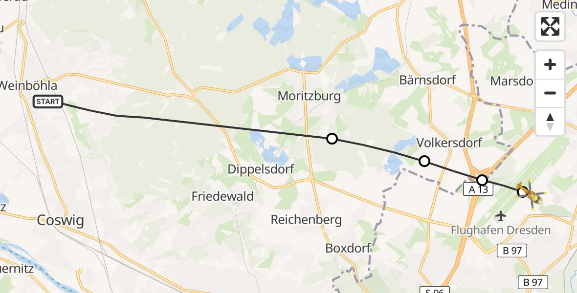 Flugroute Rettungshubschrauber Weinböhla - Dresden Bundespolizei Hubschrauberlandeplatz, 19 Mai 2026, 18:05