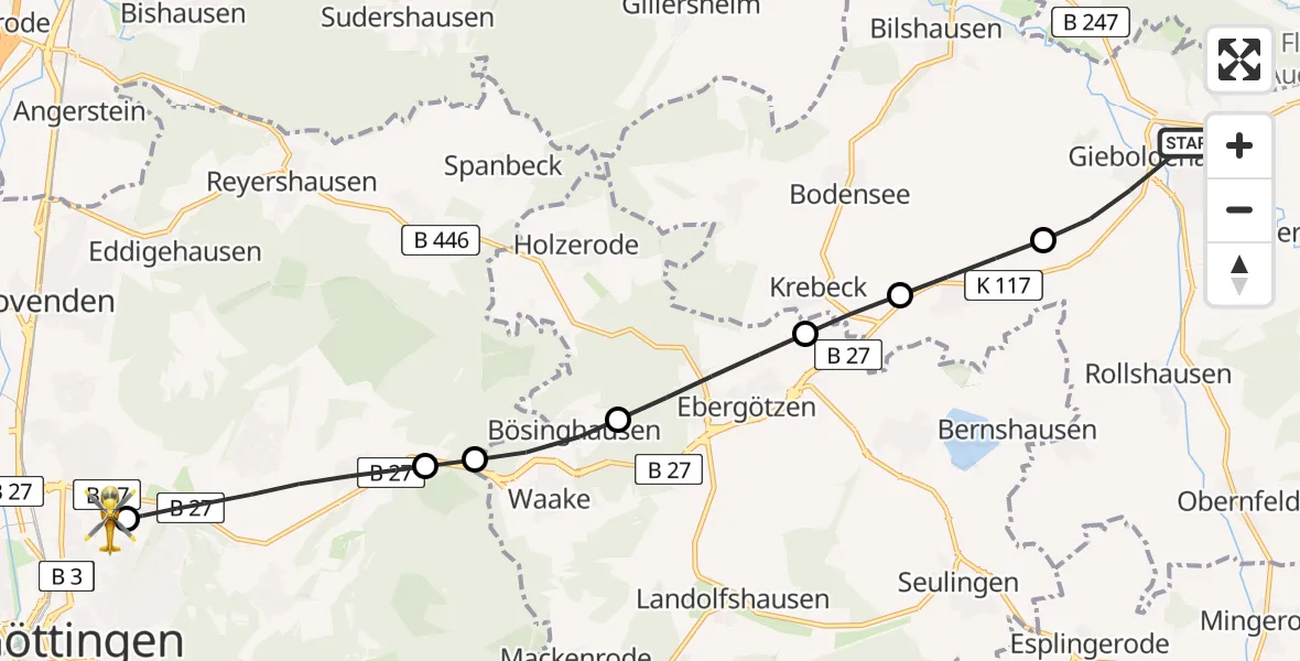 Flugroute Rettungshubschrauber Gieboldehausen - Göttingen University Clinic Hubschrauberlandeplatz, 19 Mai 2026, 18:08