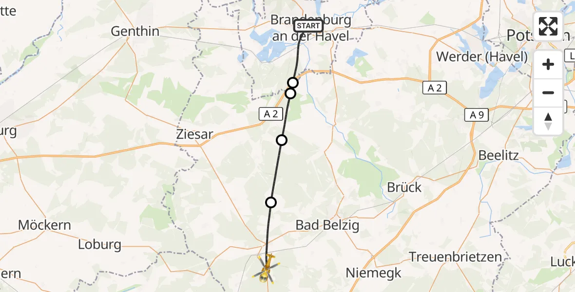 Flugroute Rettungshubschrauber Brandenburg an der Havel - Wiesenburg/Mark, 19 Mai 2026, 18:09