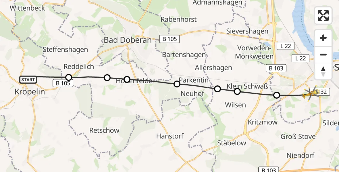 Flugroute Ambulanzhubschrauber Kröpelin - Rostock, 19 Mai 2026, 18:11