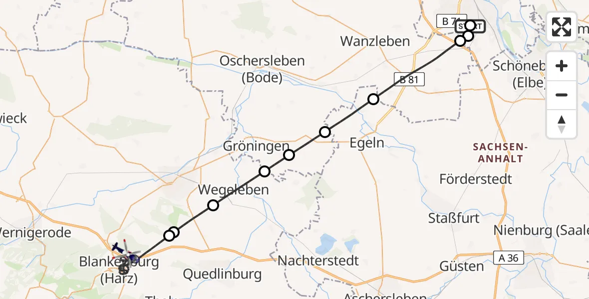 Flugroute Polizeihubschrauber Magdeburg - Blankenburg (Harz), 19 Mai 2026, 18:12