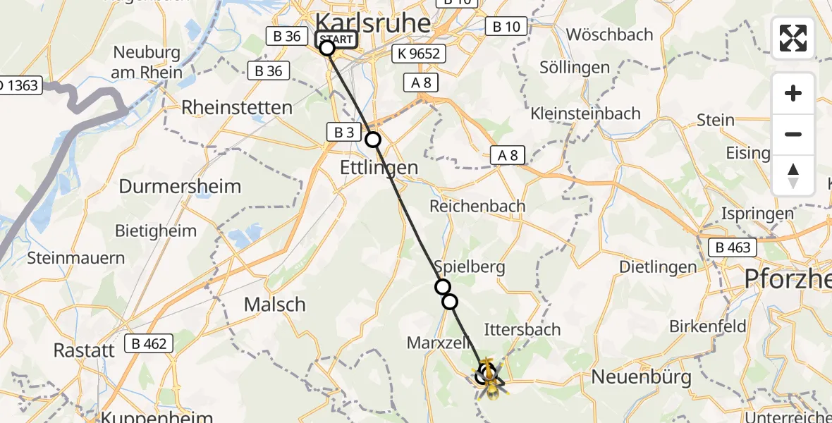 Flugroute Rettungshubschrauber Sankt Vincentius Hospital - Straubenhardt, 19 Mai 2026, 18:28