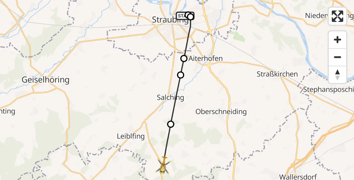 Flugroute Rettungshubschrauber Sankt Elisabeth Hospital Straubing - Leiblfing, 19 Mai 2026, 18:28