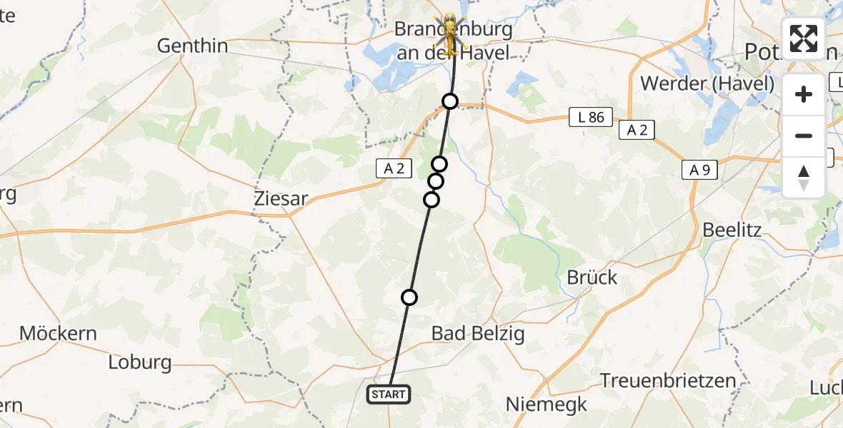 Flugroute Rettungshubschrauber Wiesenburg/Mark - Brandenburg an der Havel, 19 Mai 2026, 18:35