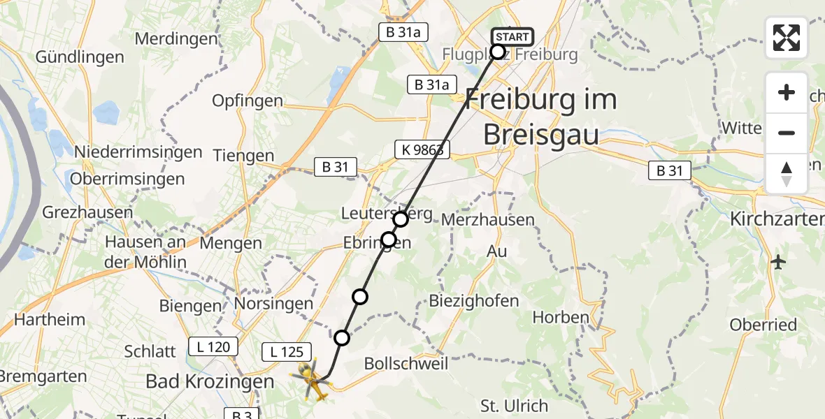 Flugroute Rettungshubschrauber Freiburg im Breisgau Flugplatz - Ehrenkirchen, 19 Mai 2026, 18:37