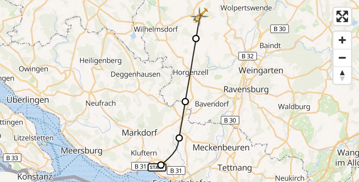 Flugroute Rettungshubschrauber Friedrichshafen Hospital - Fronreute, 19 Mai 2026, 18:38