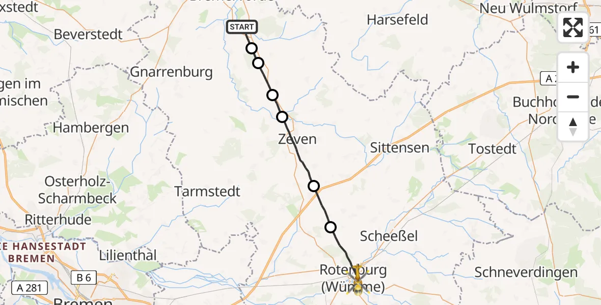 Flugroute Rettungshubschrauber Bremervörde - Rotenburg (Wümme), 19 Mai 2026, 18:43