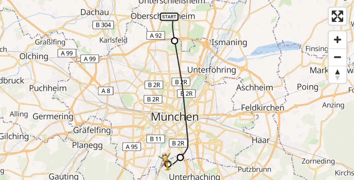 Flugroute Rettungshubschrauber Oberschleißheim - ADAC Air Rescue Center Hubschrauberlandeplatz (Christoph 1), 19 Mai 2026, 18:46