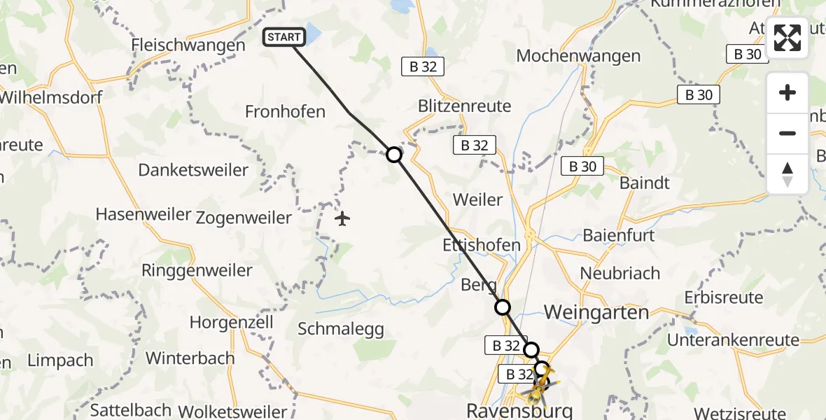 Flugroute Rettungshubschrauber Fronreute - Sankt Elisabeth Hospital, 19 Mai 2026, 18:59