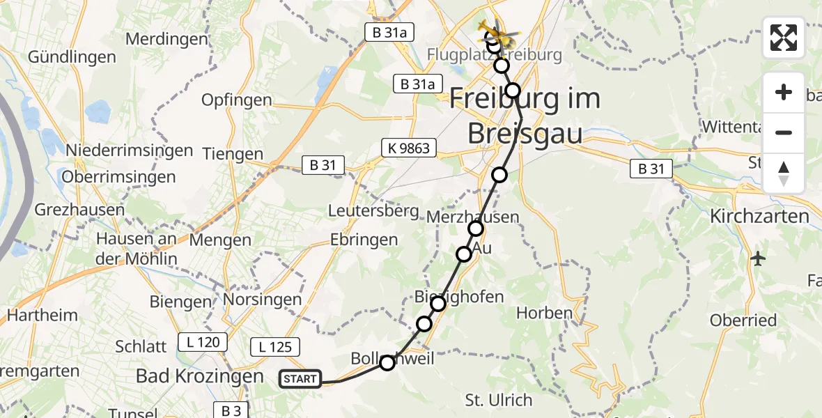 Flugroute Rettungshubschrauber Ehrenkirchen - Freiburg im Breisgau Flugplatz, 19 Mai 2026, 19:14