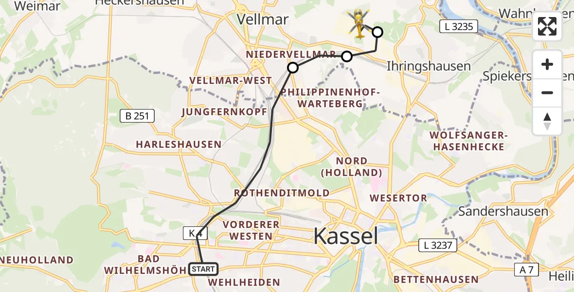 Flugroute Rettungshubschrauber Kassel - Fuldatal Bundespolizei Hubschrauberlandeplatz, 19 Mai 2026, 19:19