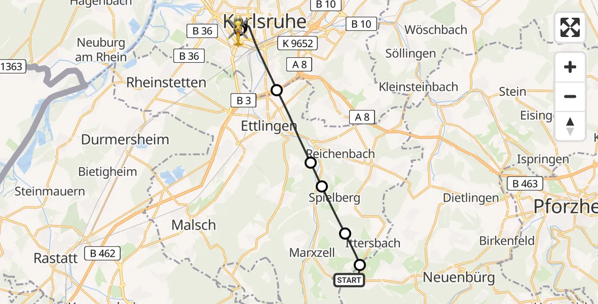 Flugroute Rettungshubschrauber Straubenhardt - Sankt Vincentius Hospital, 19 Mai 2026, 19:24