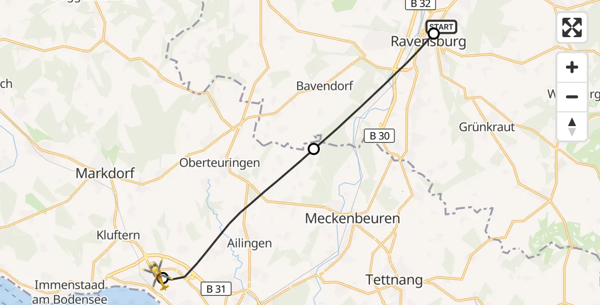 Flugroute Rettungshubschrauber Sankt Elisabeth Hospital - Friedrichshafen Hospital, 19 Mai 2026, 19:24