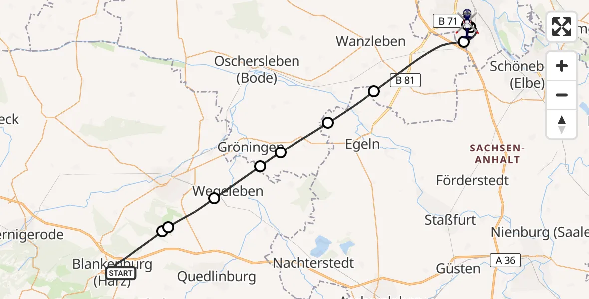 Flugroute Polizeihubschrauber Blankenburg (Harz) - Magdeburg, 19 Mai 2026, 19:34