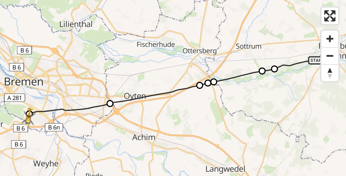 Flugroute Rettungshubschrauber Rotenburg (Wümme) - ADAC Air Rescue Station Bremen Hubschrauberlandeplatz (Christoph 6), 19 Mai 2026, 19:41