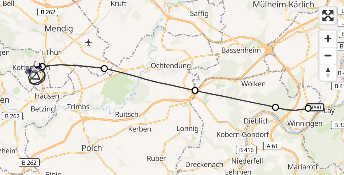 Flugroute Polizeihubschrauber Koblenz-Winningen Flugplatz - Kottenheim, 19 Mai 2026, 20:18