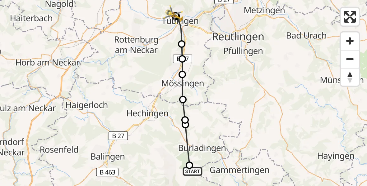 Flugroute Ambulanzhubschrauber Bitz - Tübingen University Hospital, 19 Mai 2026, 21:04