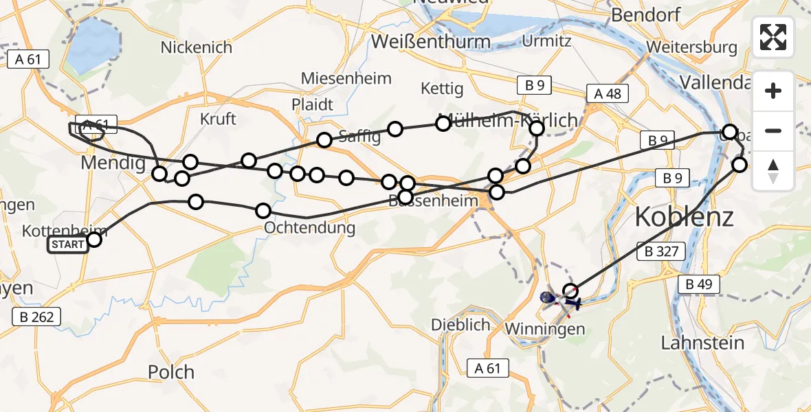 Flugroute Polizeihubschrauber Kottenheim - Koblenz-Winningen Flugplatz, 19 Mai 2026, 21:18