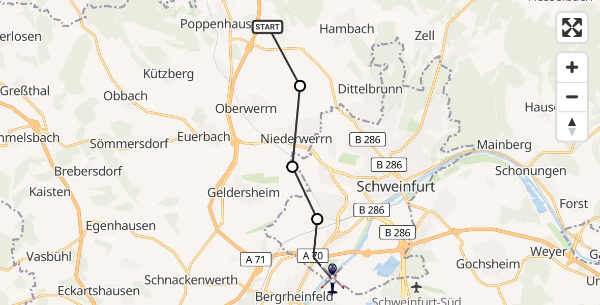 Flugroute Polizeihubschrauber Poppenhausen - Schweinfurt, 19 Mai 2026, 21:24