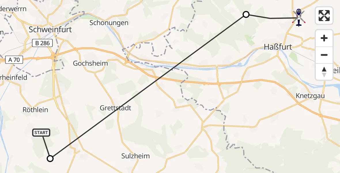 Flugroute Polizeihubschrauber Röthlein - Haßfurt, 19 Mai 2026, 21:29