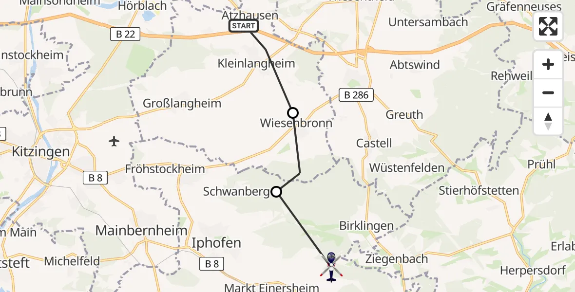 Flugroute Polizeihubschrauber Kleinlangheim - Iphofen, 19 Mai 2026, 21:35