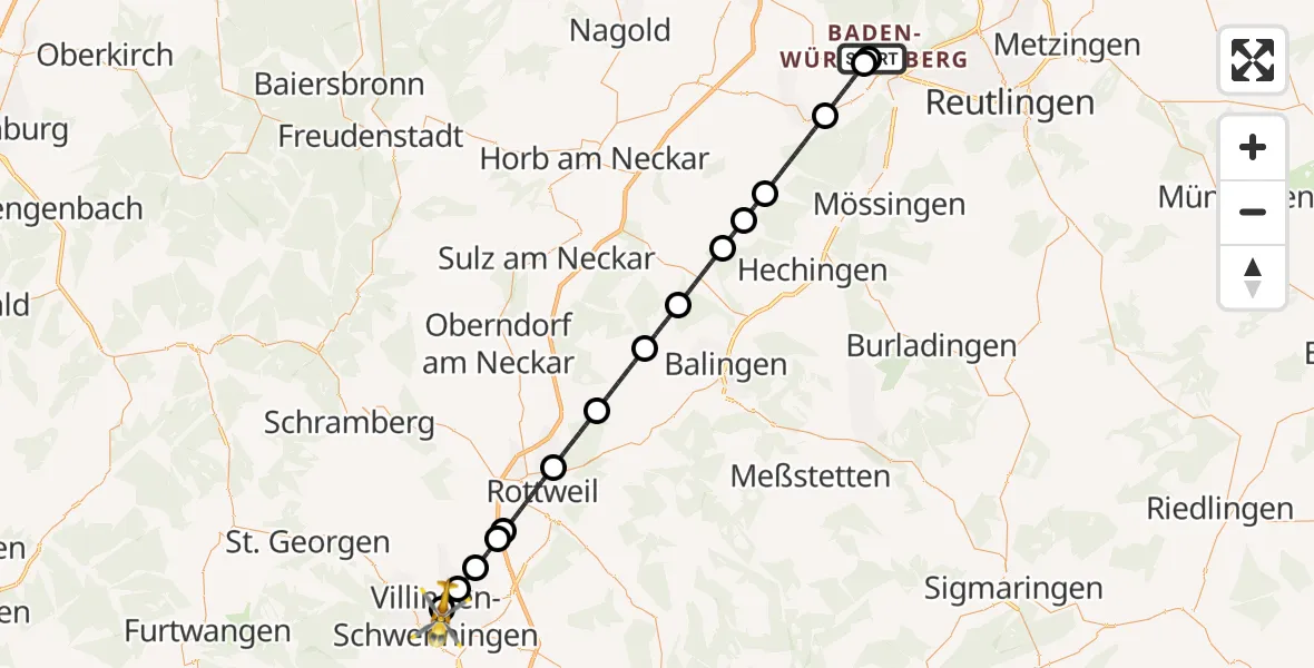 Flugroute Ambulanzhubschrauber Tübingen University Hospital - DRF Air Rescue Station Villingen-Schwenningen Hubschrauberlandeplatz (Christoph 11), 19 Mai 2026, 22:00