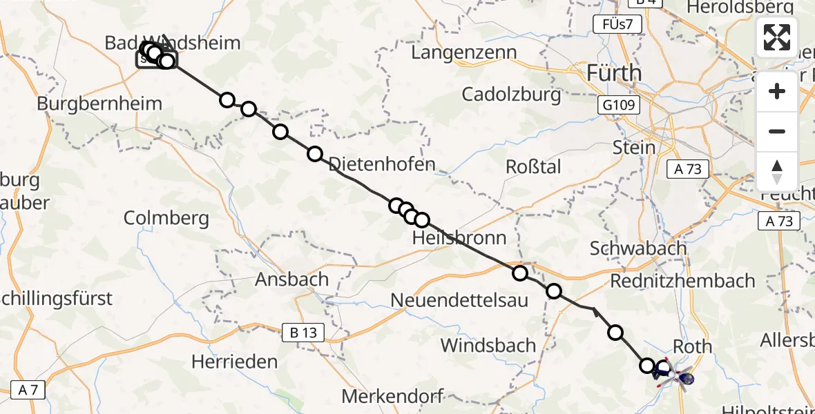 Flugroute Polizeihubschrauber Illesheim - Roth, 19 Mai 2026, 22:03