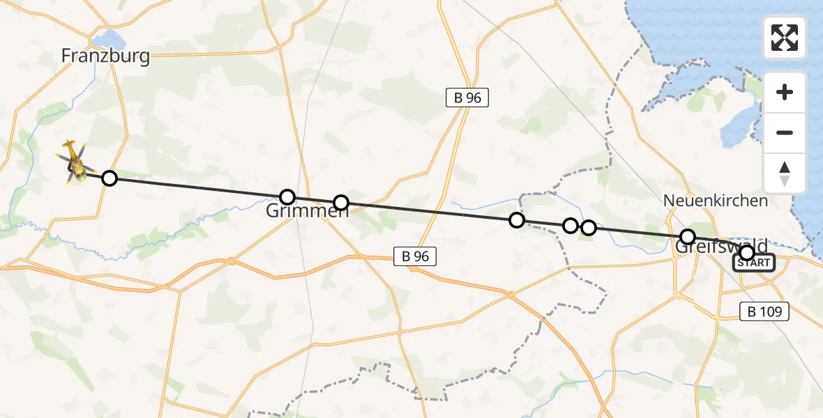 Flugroute Rettungshubschrauber Greifswald Hospital - Gremersdorf-Buchholz, 19 Mai 2026, 22:28