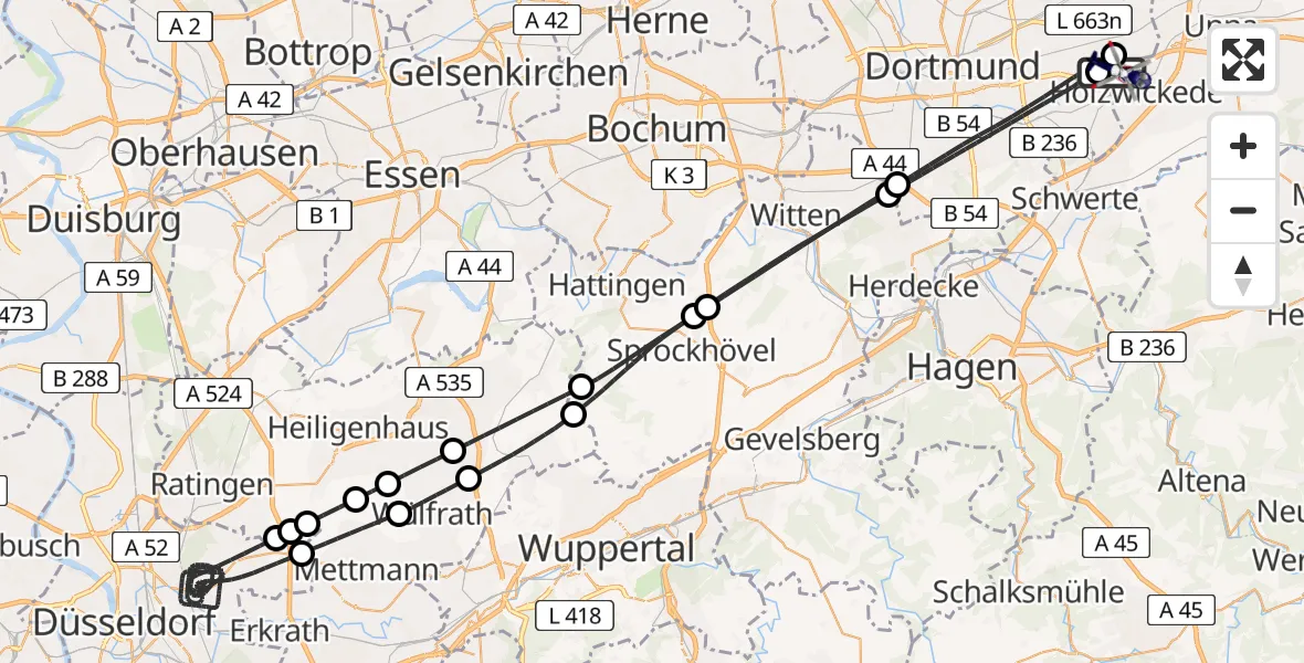 Flugroute Polizeihubschrauber Dortmund Flughafen - Dortmund Flughafen, 19 Mai 2026, 22:43