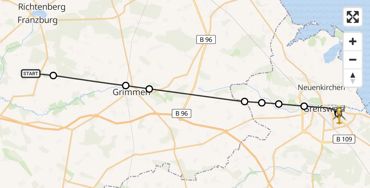 Flugroute Rettungshubschrauber Gremersdorf-Buchholz - Greifswald Hospital, 19 Mai 2026, 23:04