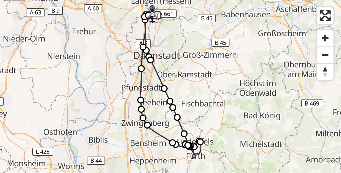 Flugroute Polizeihubschrauber Flughafen Frankfurt-Egelsbach - Flughafen Frankfurt-Egelsbach, 19 Mai 2026, 23:22