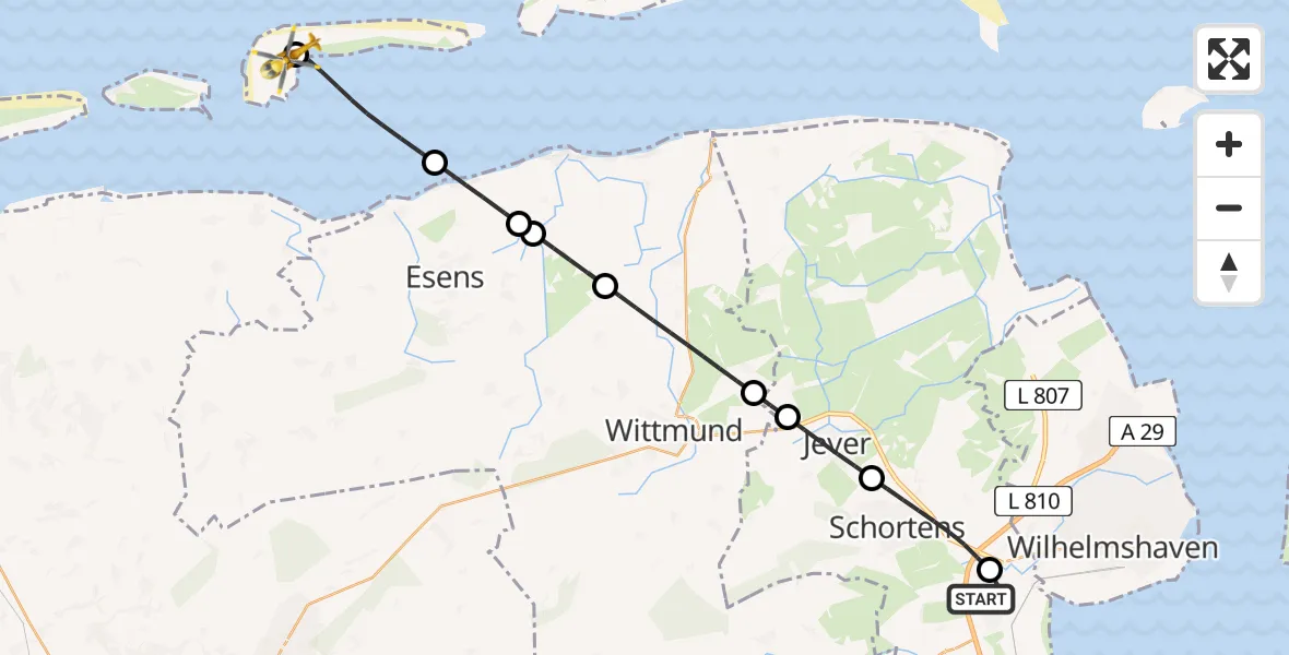 Flugroute Rettungshubschrauber Sande - Langeoog Flughafen, 19 Mai 2026, 23:25