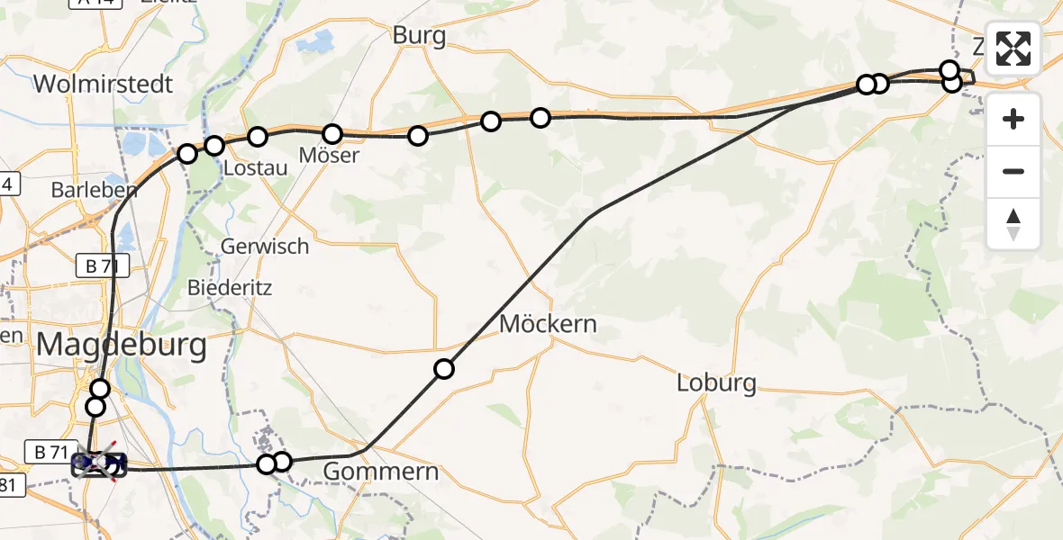 Flugroute Polizeihubschrauber Magdeburg City Flugplatz - Magdeburg, 19 Mai 2026, 23:44
